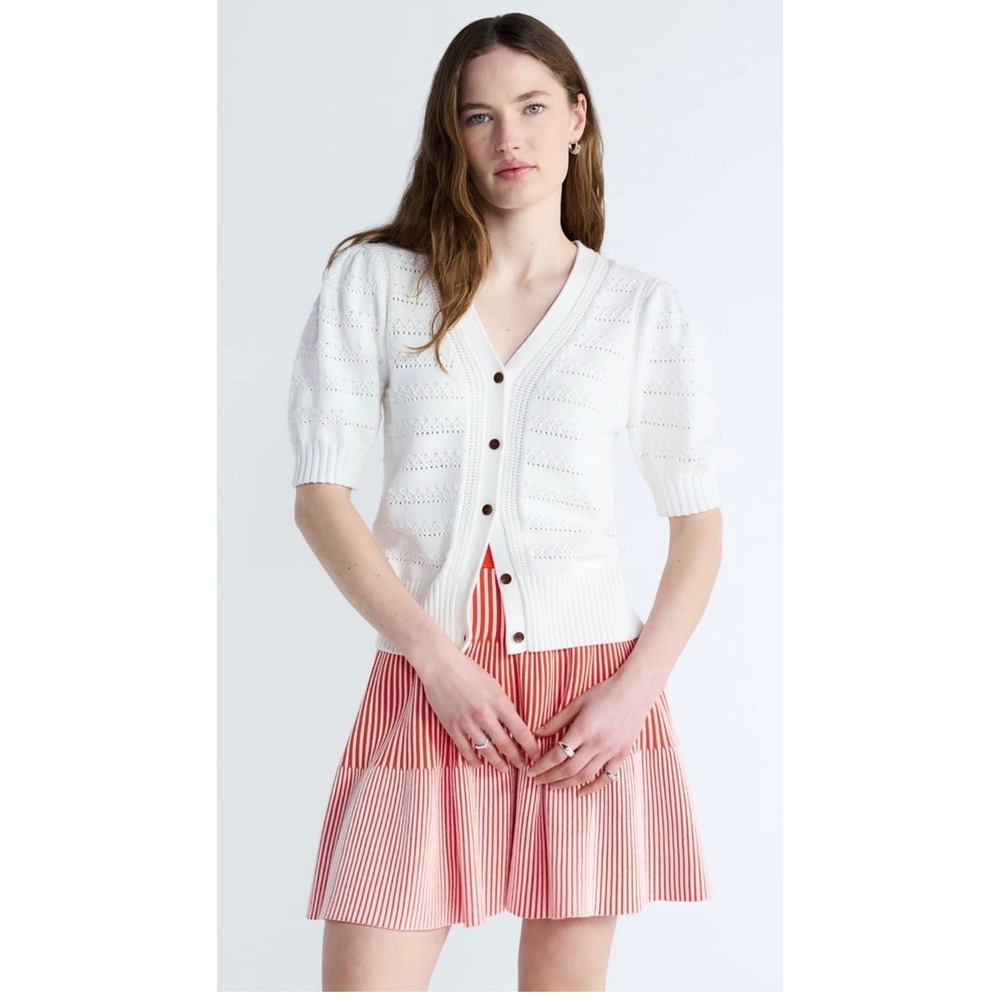 Free Assembly White Crochet Puff Sleeve Cardigan Sweater V-Neck NWT S 4-6